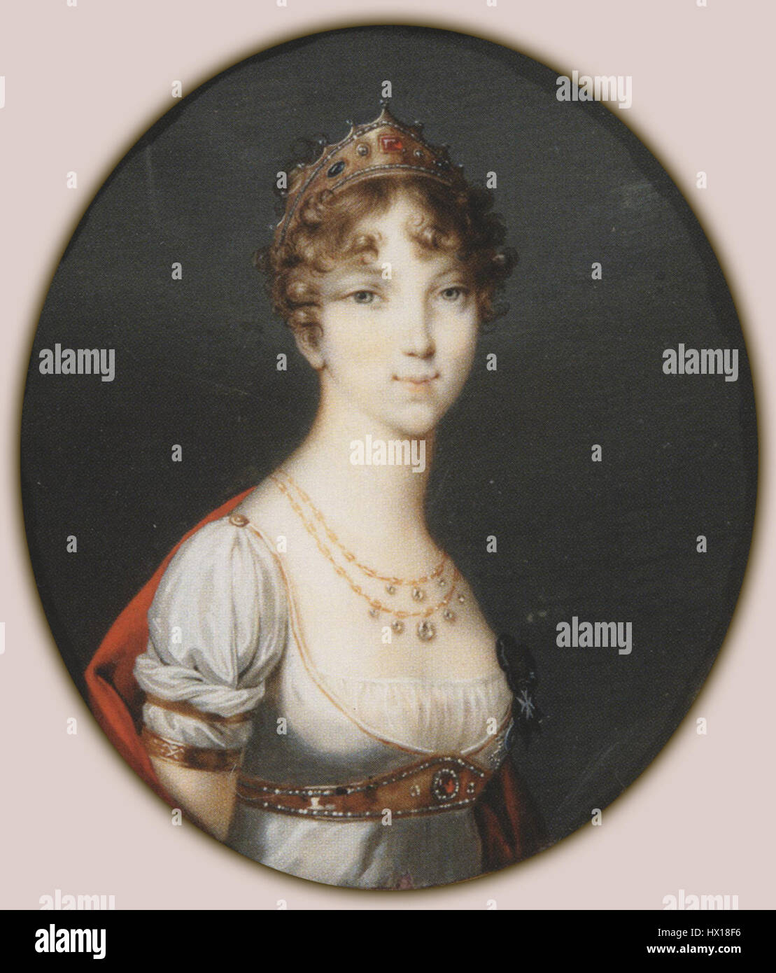 Dieses Miniaturporträt aus dem 19. Jahrhundert zeigt die russische Kaiserin Elisaveta Alexejewna. Es wurde von einem anonymen Künstler geschaffen und befindet sich im Pawlowsker Palast, der den modischen künstlerischen Stil der Zeit und die Pracht des russischen Hofes widerspiegelt. Stockfoto