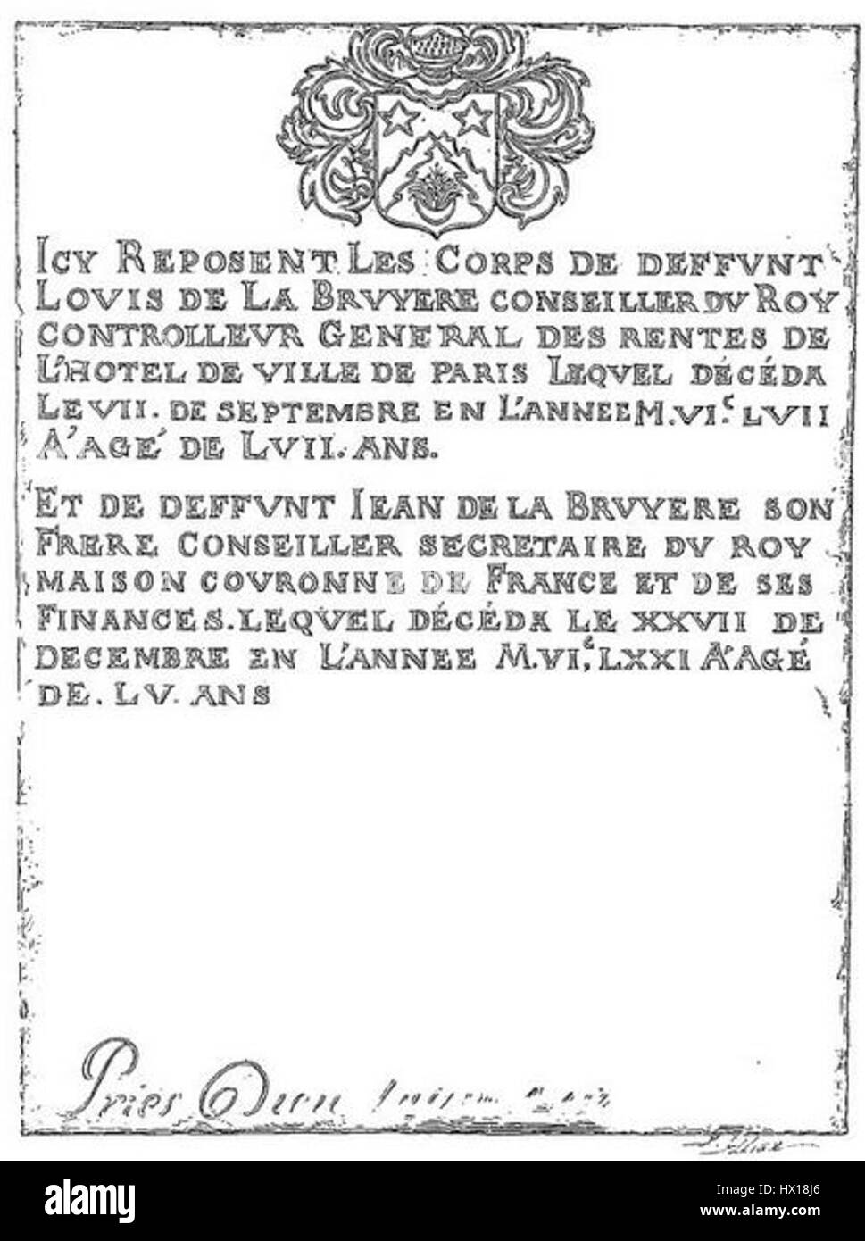 Die Epitaphe von Ludwig II. Bezieht sich auf das Epitaph von Ludwig II., wahrscheinlich ein französischer König oder Adeliger. Diese Inschrift ist ein historischer Marker, der an sein Leben und seine Errungenschaften erinnert und Einblicke in seine Herrschaft oder seinen Status in der europäischen Geschichte bietet. Stockfoto