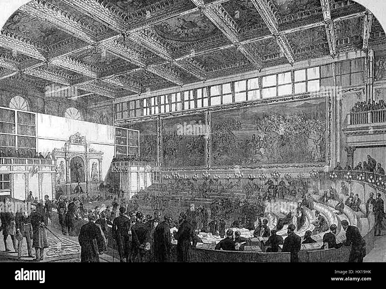 * Firenze capitale*, übersetzt als die Hauptstadt Florenz, bezieht sich auf einen wichtigen Moment in der italienischen Geschichte, als Florenz 1865 die Hauptstadt des Königreichs Italien wurde. Die *Camera dei Deputati* bezieht sich auf die italienische Abgeordnetenkammer, und dieser Druck aus dem Jahr 1867 dokumentiert wahrscheinlich ein bedeutendes politisches Ereignis in den ersten Jahren der italienischen Einigung. Stockfoto