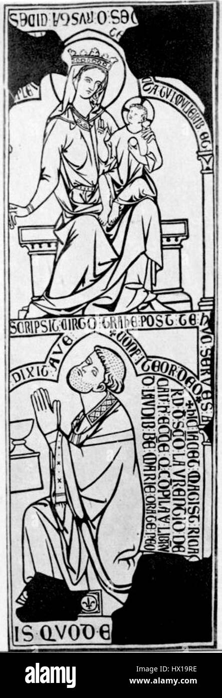 Das Epitaphium Richardi de Sancto Laurentio ist eine mittelalterliche lateinische Inschrift, die an eine historische Figur namens Richard von St. Lawrence erinnert. Dieses Epitaph spiegelt die religiösen und kulturellen Praktiken der Zeit wider, insbesondere in Bezug auf Tod und Erinnerung. Stockfoto