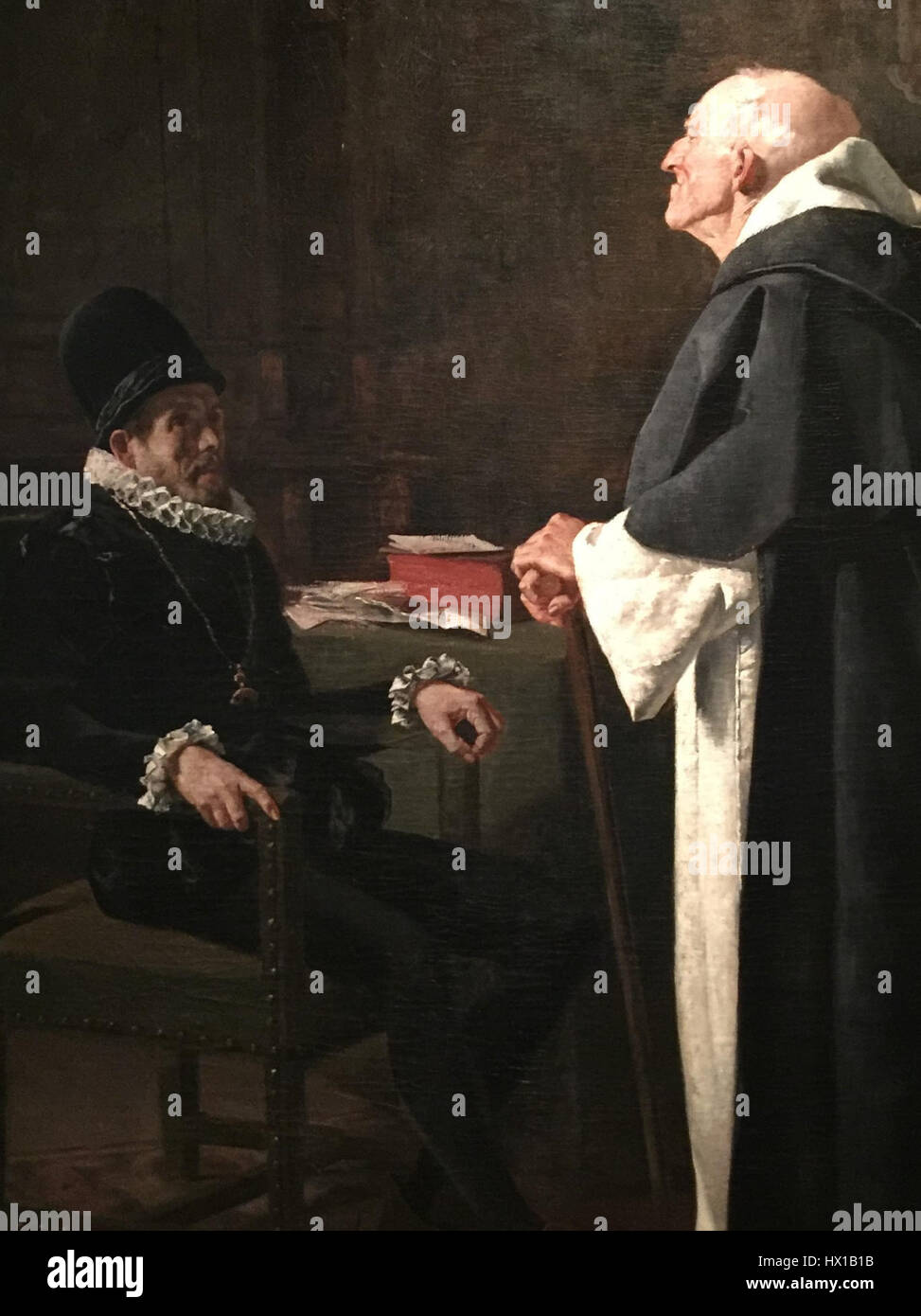 „Felipe II y El Gran Inquisidor“ von Pedro Lira ist ein historisches Gemälde aus dem Jahr 1880, das König Felipe II. Von Spanien und den Großinquisitor darstellt. Das Werk spiegelt die Spannungen zwischen Monarchie und Kirche während der spanischen Inquisition wider. Stockfoto