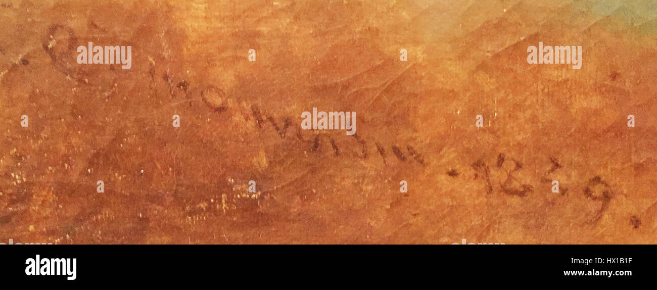 "Firma de Raymond Monvoisin" bezieht sich auf die Unterschrift von Raymond Monvoisin, möglicherweise einem Künstler oder Handwerker. Stockfoto