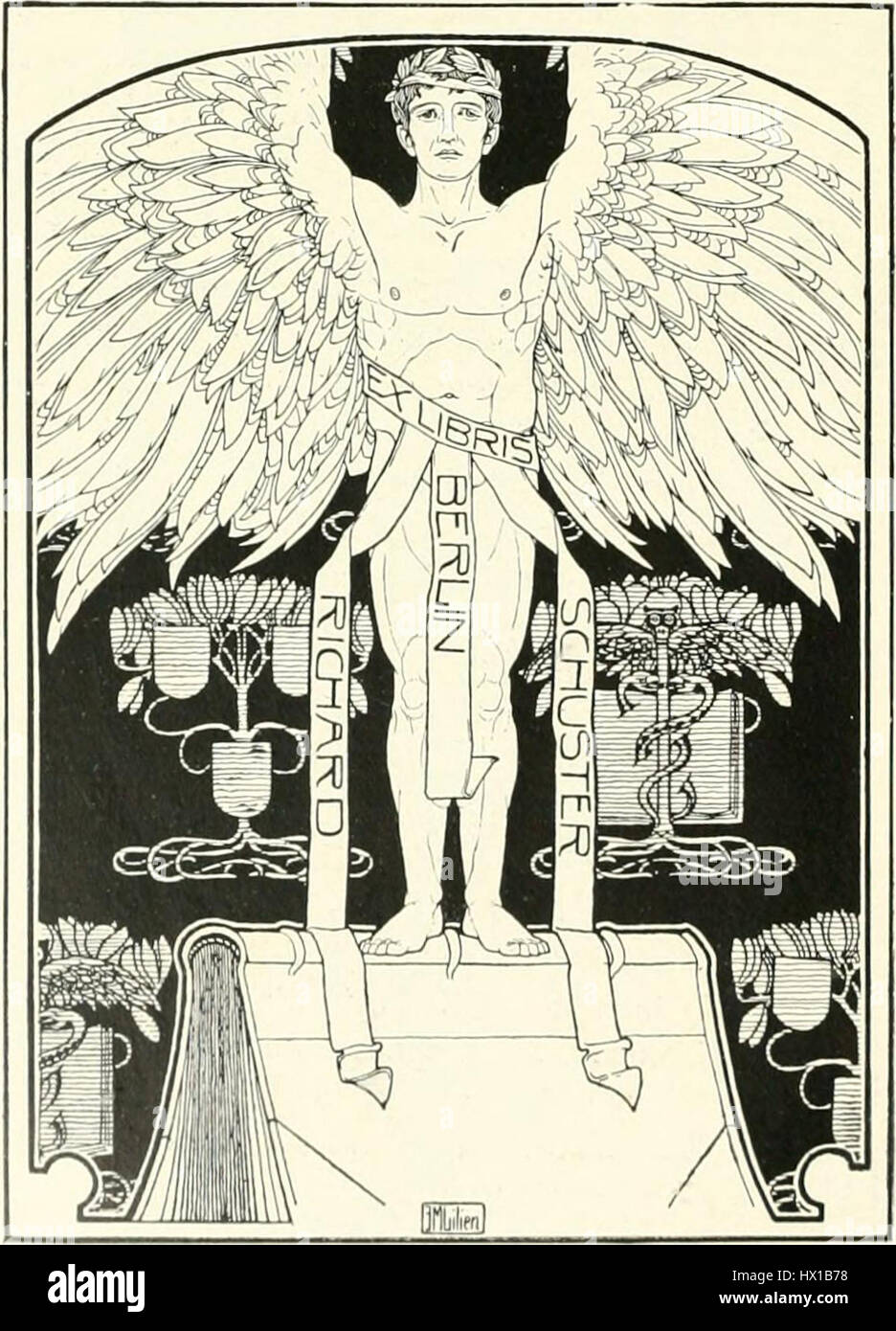 Ex Libris Richard Schuster bezieht sich auf ein personalisiertes Bookplate, das für Richard Schuster entworfen wurde. Ex libris sind oft komplizierte Designs, die den Besitz eines Buches darstellen und den persönlichen Geschmack des Besitzers widerspiegeln. Stockfoto