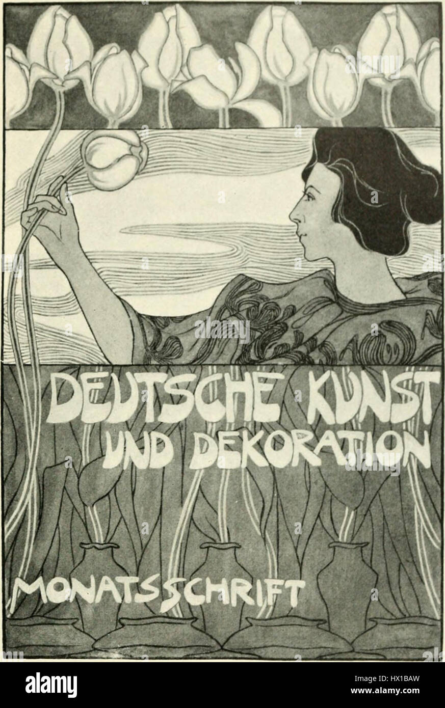 Die Deutsche Kunst und Dekoration war ein bekanntes deutsches Kunstmagazin, das sich mit dekorativen Künsten und Design befasste. Es zeigte Werke verschiedener Künstler und Designer, die die wachsende Bedeutung von Designbewegungen in Deutschland während des späten 19. Und frühen 20. Jahrhunderts unterstreichen. Stockfoto