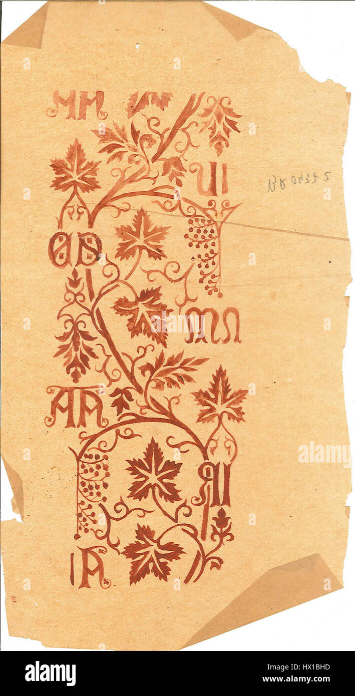 Dieses Design, gekennzeichnet als Cuypershuis BR 0437 z, ist ein Blumenmuster kombiniert mit Buchstaben. Sie stellt eine Form dekorativer Kunst dar, möglicherweise aus dem frühen 20. Jahrhundert, die eine Mischung aus organischem Design und typografischen Elementen zeigt. Stockfoto