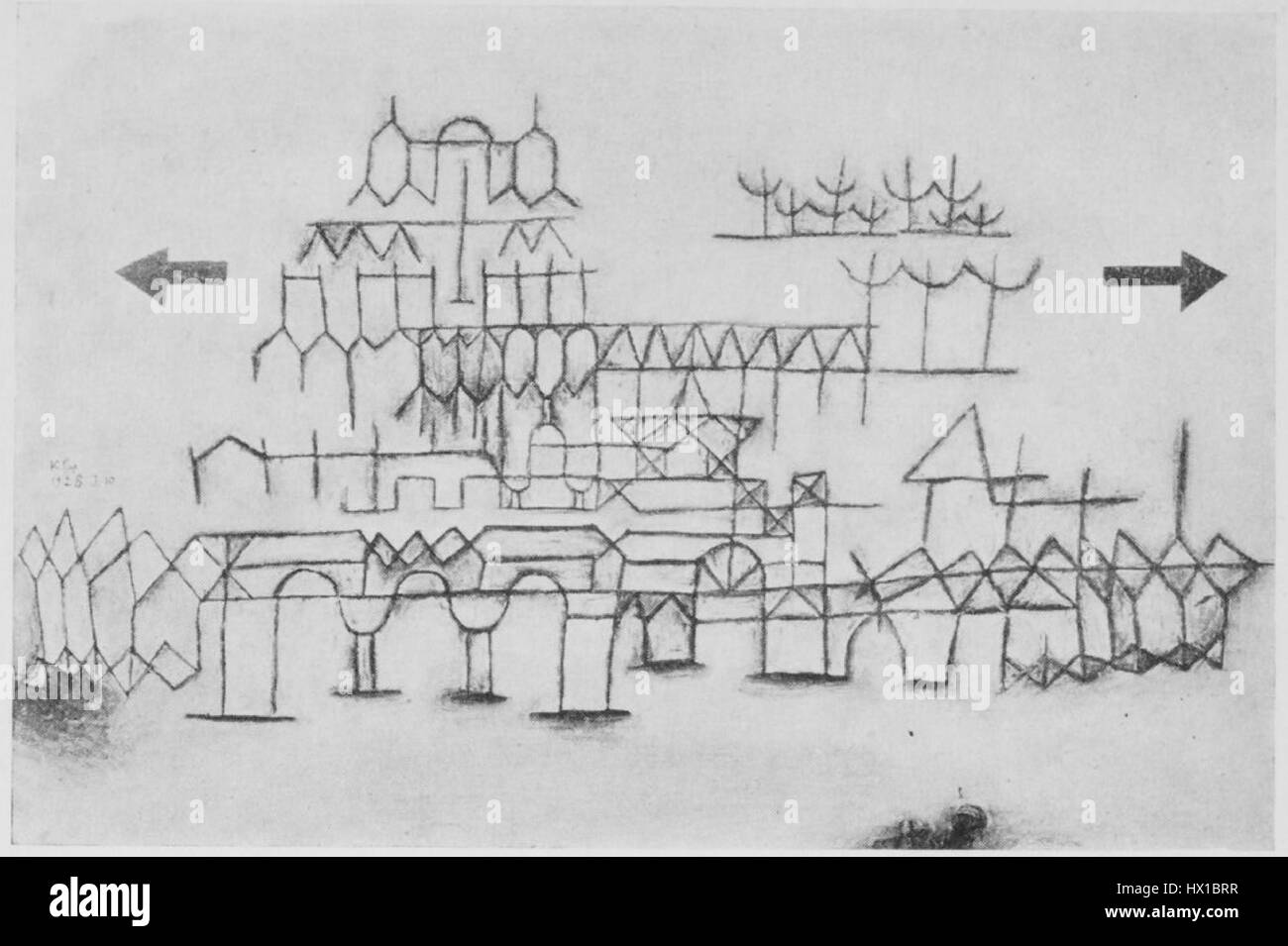 Diese Illustration von Paul Klee aus dem Jahr 1930 mit dem Titel „Crevel“ ist ein lebendiges Beispiel für die Verwendung von Farbe und Abstraktion durch den Künstler. Klee ist bekannt für seinen unverwechselbaren Stil und kombiniert geometrische Formen mit fließenden Formen. So entsteht ein Kunstwerk, das den Betrachter mit seinem verspielten, aber dennoch zum Nachdenken anregenden Design in seinen Bann zieht. Stockfoto
