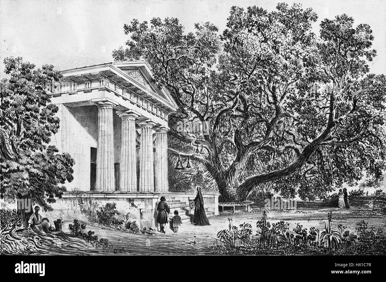 Carlo Bossolis „Kirche in Massandra“ fängt die malerische Schönheit einer Kirche in Massandra auf der Krim ein. Das Gemälde hebt die einzigartige Architektur und die malerische Umgebung der Kirche hervor, mit einem deutlichen Schwerpunkt auf Naturlandschaften. Bossolis Einsatz von Licht und Detail zeigt seine Aufmerksamkeit sowohl auf die architektonischen als auch auf die natürlichen Aspekte der Szene. Stockfoto