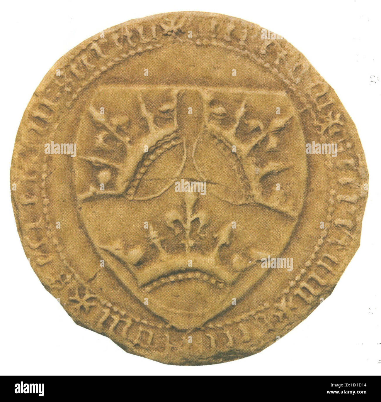 Drottning Margaretas rikssigill bezieht sich auf das königliche Siegel der Königin Margarete I. von Dänemark, das während ihrer Regierungszeit im 14. Jahrhundert verwendet wurde. Das Siegel steht für ihre Autorität und Herrschaft über Dänemark, Schweden und Norwegen und symbolisiert die Macht der Kalmarer Union. Stockfoto