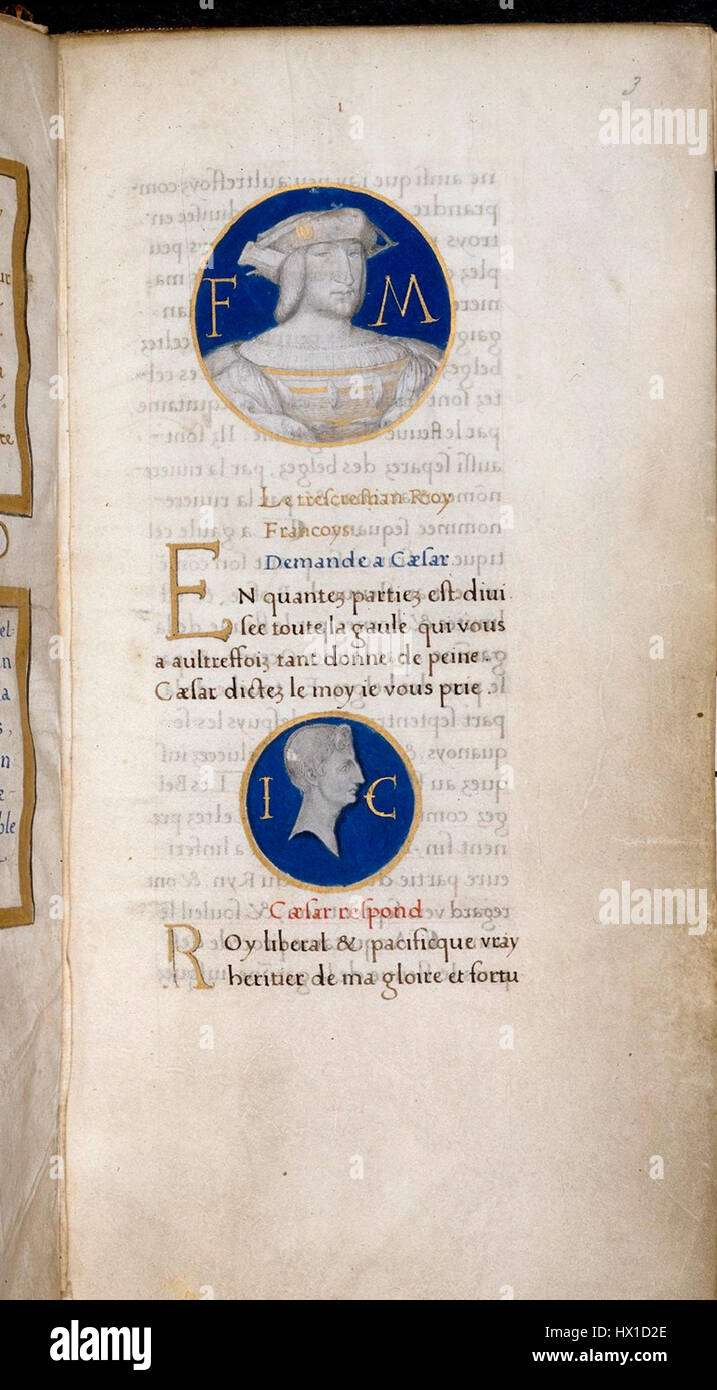 Dieses Manuskript, „Commentaire des guerres galliques“, enthält Julius Cäsars Bericht über die Gallischen Kriege. Das Manuskript ist ein wichtiges historisches Dokument, das in der Harley Collection aufbewahrt wird und Einblick in die römischen Feldzüge bietet. Stockfoto