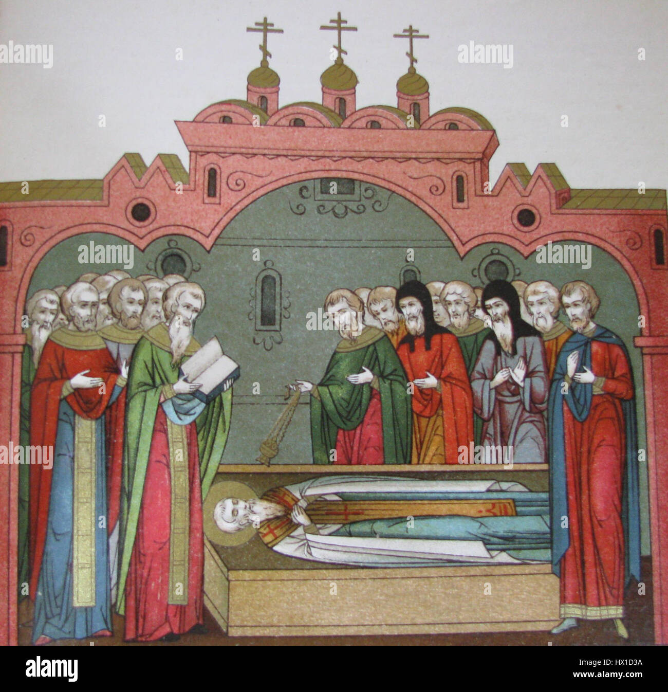 „Tod von Stefan von Perm“ fängt den dramatischen und tragischen Moment der russischen Geschichte ein. Das Kunstwerk zeigt das Martyrium des heiligen Stefan und betont die religiöse und historische Bedeutung seines Todes. Stockfoto