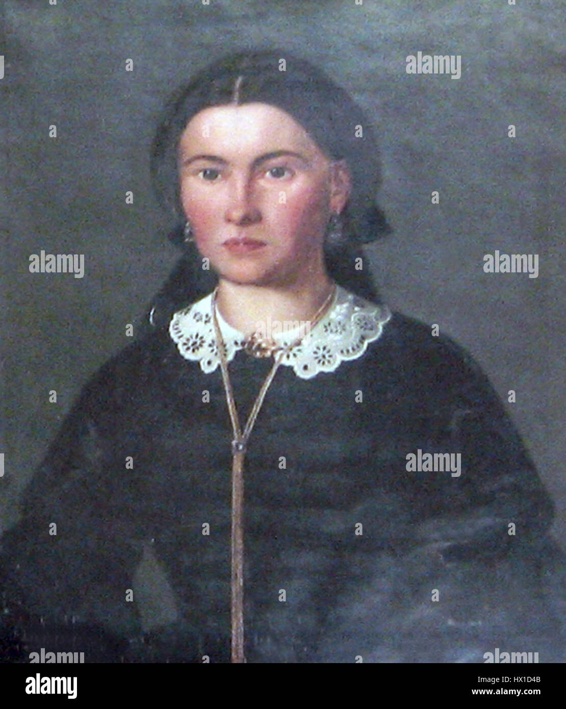 Frau von Bob Lorenz ist ein Porträt eines unbekannten Künstlers aus dem 19. Jahrhundert. Das Stück fängt die Eleganz und den sozialen Status der Frau in detaillierter Kleidung und Haltung ein und spiegelt die Mode und kulturellen Normen der Zeit wider. Stockfoto