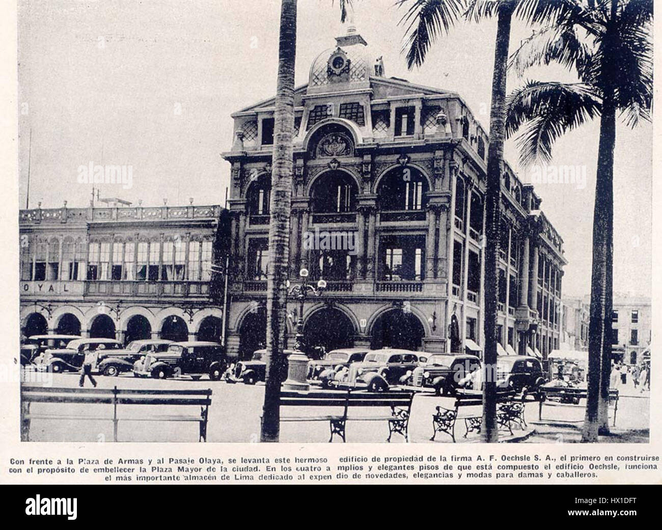 Edificio Oeschle ist ein architektonisches Bauwerk in Lima, Peru. Bekannt für seine historische Bedeutung und sein unverwechselbares Design, ist es ein bemerkenswertes Beispiel peruanischer Architektur aus dem frühen 20. Jahrhundert. Stockfoto