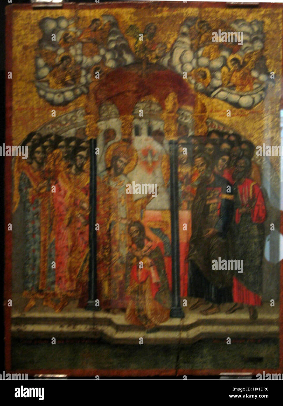 Ein Kunstwerk, das die Weihe des heiligen Jakobus des Less als Bischof von Jerusalem darstellt und die religiöse und historische Bedeutung der frühchristlichen Kirche unterstreicht. Stockfoto