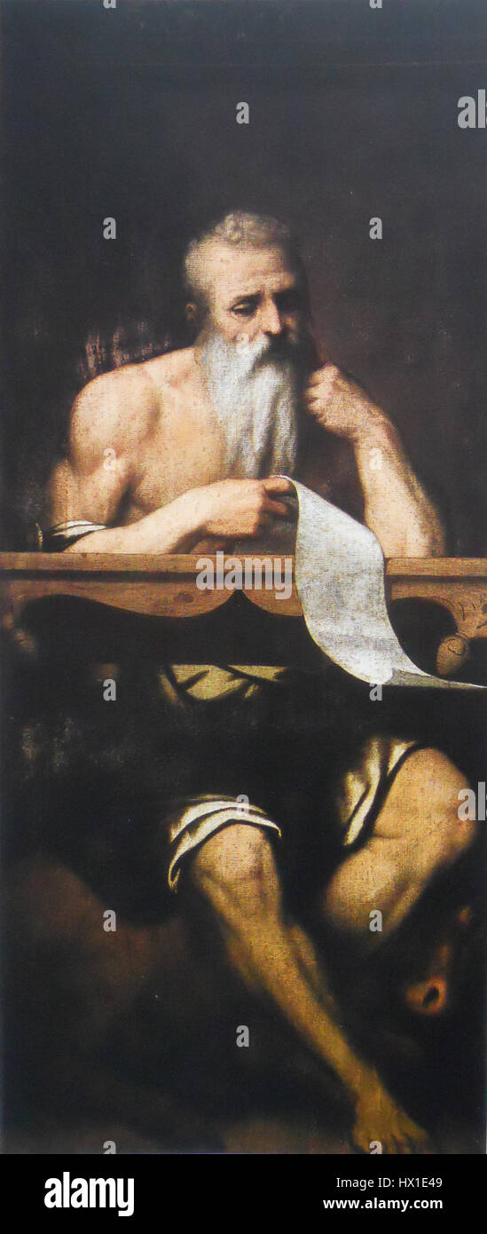 Evangelista Marco von Moretto da Brescia ist ein religiöses Gemälde, das den Heiligen Markus darstellt. Dieses Werk wurde für den Duomo Vecchio in Brescia, Italien, in Auftrag gegeben und ist bekannt für seine lebendige Farbe und detailreiche Komposition. Stockfoto