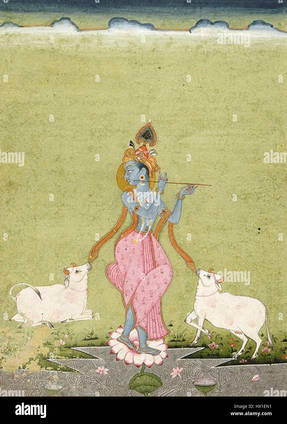 Govinda bezieht sich auf einen Namen, der oft mit Lord Krishna, einer zentralen Figur des Hinduismus, in Verbindung gebracht wird. Der Name wird verwendet, um das Göttliche zu repräsentieren, das oft als Kuhhirte und Liebhaber von Radha dargestellt wird. Der Begriff „Govinda“ erscheint in zahlreichen religiösen Texten und Kunstwerken und symbolisiert Hingabe, Liebe und spirituelle Reinheit und wird häufig in Andachtsübungen und Gesängen innerhalb des hinduistischen Glaubens verwendet. Stockfoto Govinda bezieht sich auf einen Namen, der oft mit Lord Krishna, einer zentralen Figur des Hinduismus, in Verbindung gebracht wird. Der Name wird verwendet, um das Göttliche zu repräsentieren, das oft als Kuhhirte und Liebhaber von Radha dargestellt wird. Der Begriff „Govinda“ erscheint in zahlreichen religiösen Texten und Kunstwerken und symbolisiert Hingabe, Liebe und spirituelle Reinheit und wird häufig in Andachtsübungen und Gesängen innerhalb des hinduistischen Glaubens verwendet. Stockfoto