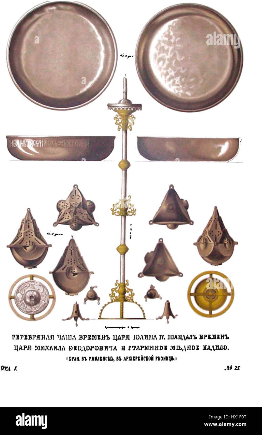 Dieses Bild stellt eine historische Illustration aus der Serie „Drevnosti RG“ dar, die sich auf antike Artefakte oder das kulturelle Erbe konzentriert. Der vorliegende Band bezieht sich wahrscheinlich auf die russische Archäologie und historische Forschung. Stockfoto