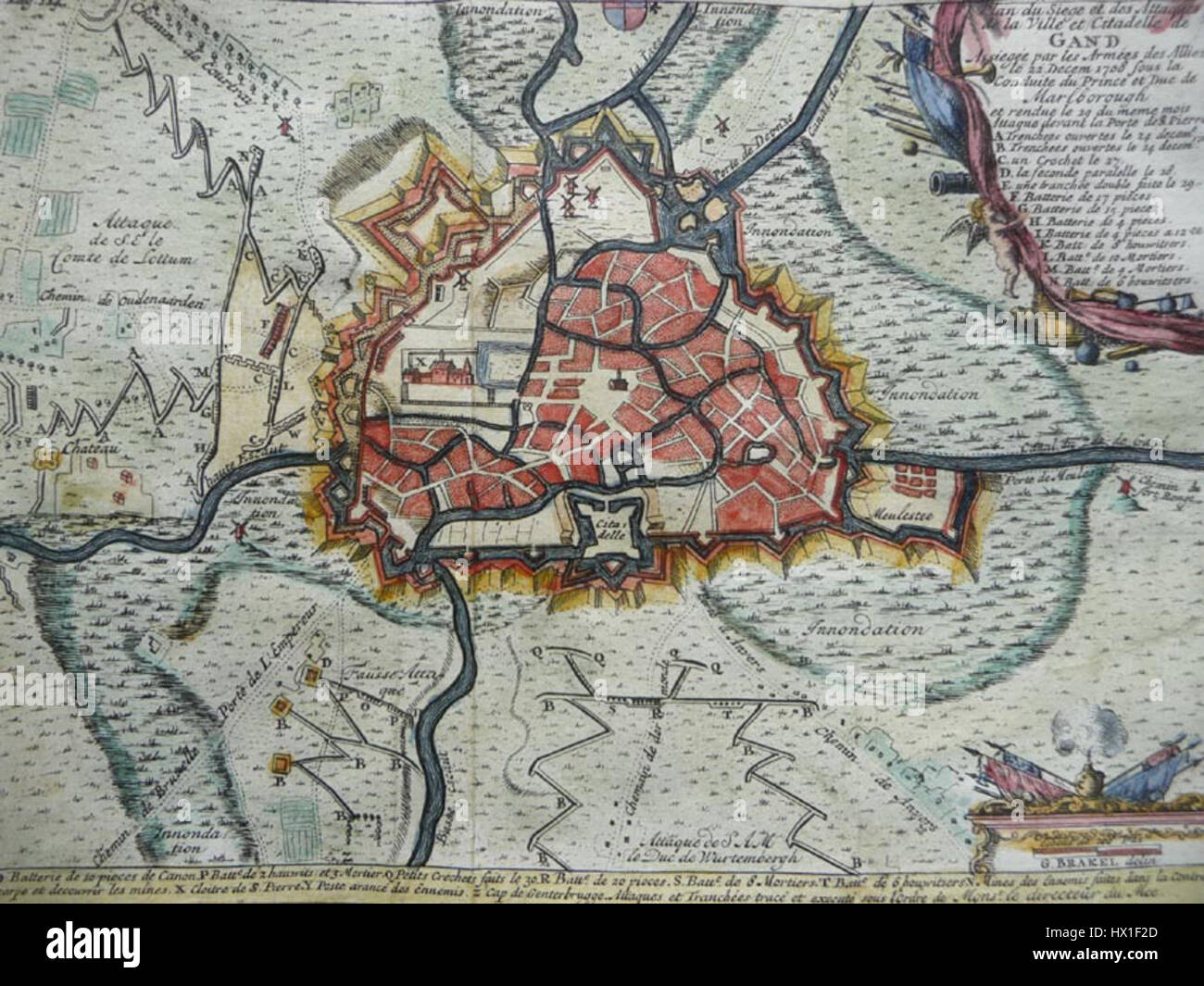 Ein detaillierter Blick auf „Gent“ von Isaac Lamigue, der die komplizierten Elemente der flämischen Stadt erfasst. Das Kunstwerk hebt die architektonische Schönheit und historische Bedeutung Gents während dieser Zeit hervor. Stockfoto