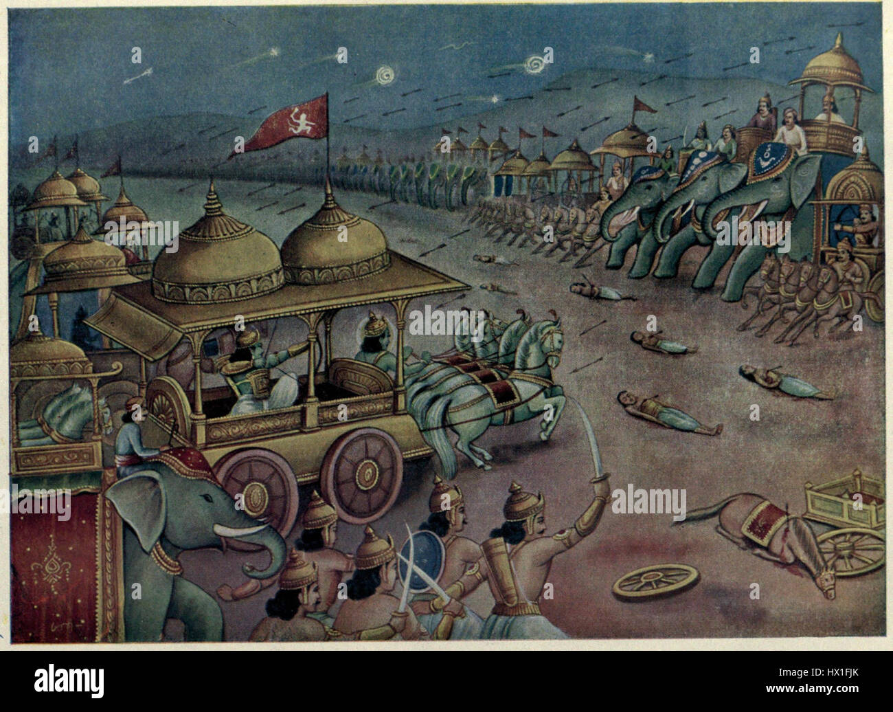 Der Kampf zwischen Karna und Arjuna ist eine berühmte Episode aus dem indischen Epos Mahabharata. Es ist ein dramatischer und intensiver Moment, in dem diese beiden großen Krieger gegeneinander kämpfen und den Konflikt zwischen Pflicht, Loyalität und Schicksal in der hinduistischen Mythologie symbolisieren. Stockfoto