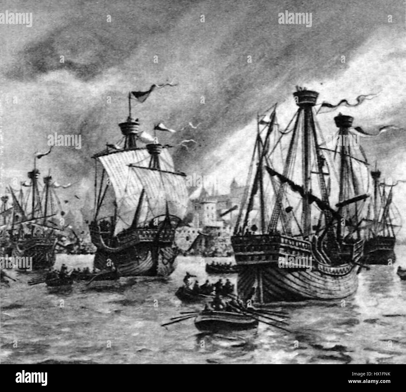 Diese Darstellung der Eroberung Kopenhagens durch die Hanse im Jahr 1368 veranschaulicht das historische Ereignis mit einem Fokus auf die militärische Strategie und die Auswirkungen auf die Stadt. Das Bild erfasst die Intensität der Belagerung und ihre historische Bedeutung. Stockfoto