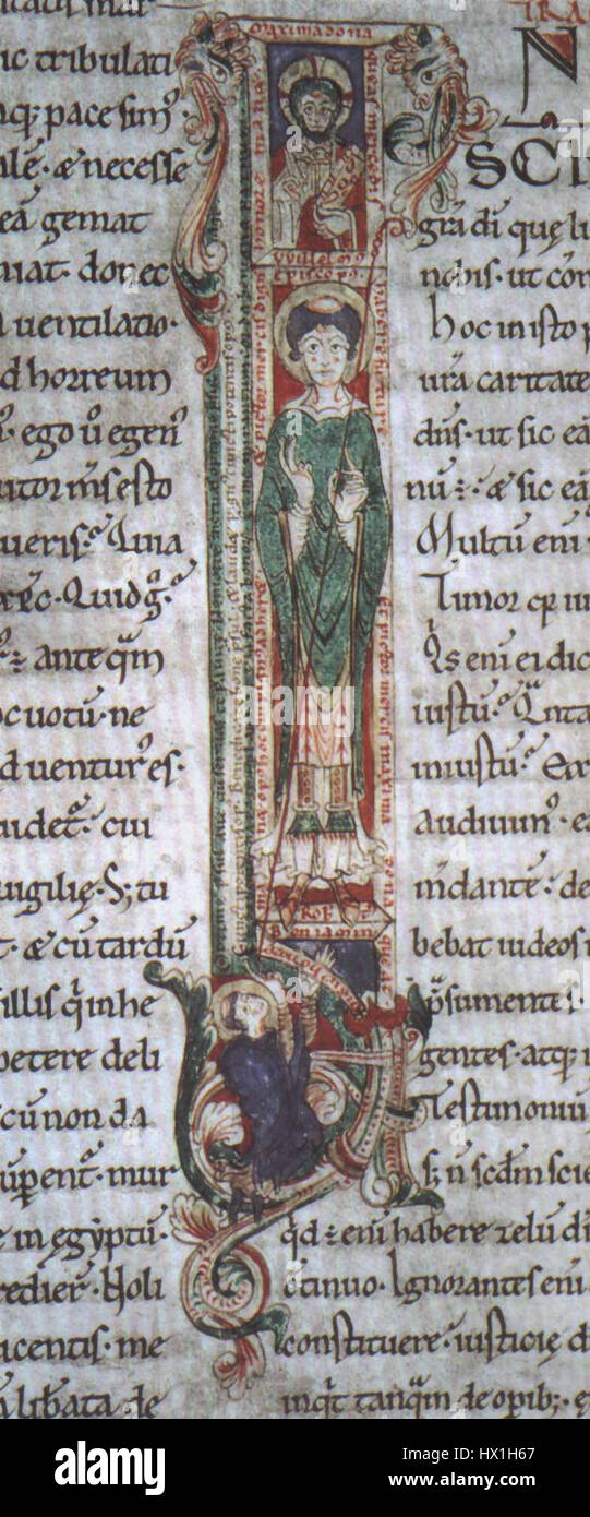 Die „Durham Cathedral Lib BII13 Fol 102r Initial I“ ist eine mittelalterliche Manuskriptseite aus der Bibliothek der Durham Cathedral. Die Seite mit der großen beleuchteten Initiale „I“ ist ein Beispiel für frühgotische Schrift und Handschriftenbeleuchtung aus dem 12. Jahrhundert. Stockfoto