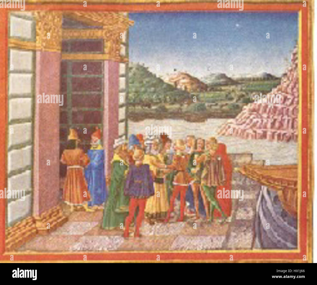 Filocolo ist ein italienisches literarisches Werk von Giovanni Boccaccio. Der Roman wurde im 14. Jahrhundert geschrieben und zeigt eine Mischung aus Romantik und Abenteuer, die Boccaccios Erzählstil veranschaulicht. Die Arbeit erforscht Themen der Liebe, Treue und der Komplexität der menschlichen Natur und erfasst die soziale Dynamik der Zeit. Stockfoto