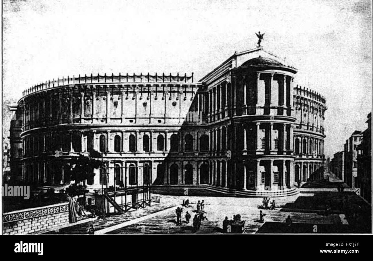 Das Äußere des Theaters von Pompeius in Rom ist ein bemerkenswertes Beispiel der antiken römischen Architektur, erbaut 55 v. Chr. Es diente als wichtiger Veranstaltungsort für öffentliche Veranstaltungen und Aufführungen und zeigte die Pracht und Ingenieurleistungen der damaligen Zeit. Stockfoto