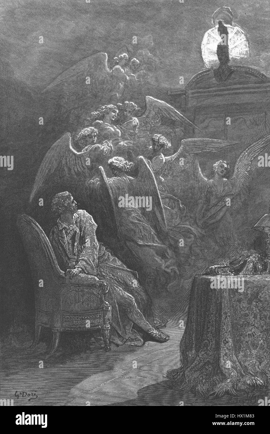 In „der Rabe“ von Gustave Doré, das zwischen 1884 und 1911 entstand, interpretiert der Künstler Edgar Allan Poes berühmtes Gedicht visuell. Dorés aufwändiger Gravur fängt die dunkle, geheimnisvolle Atmosphäre des Gedichts ein und konzentriert sich dabei auf die voraussehende Präsenz des Raben. Stockfoto