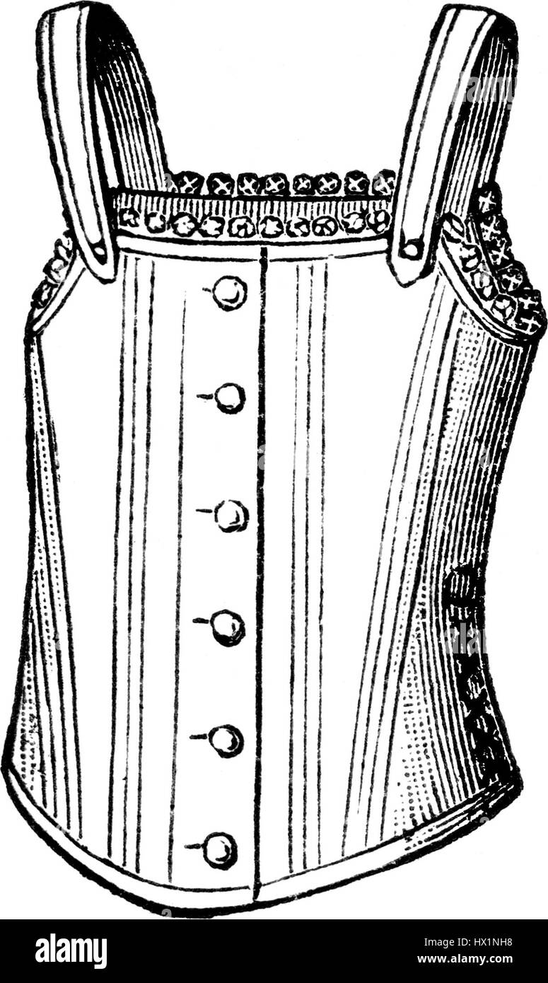 Diese historische Illustration aus dem 19. Jahrhundert zeigt Korsetts, die für 6-jährige Mädchen entworfen wurden und die Modetrends und gesellschaftlichen Normen in Bezug auf Kinderkleidung in dieser Zeit widerspiegeln. Stockfoto