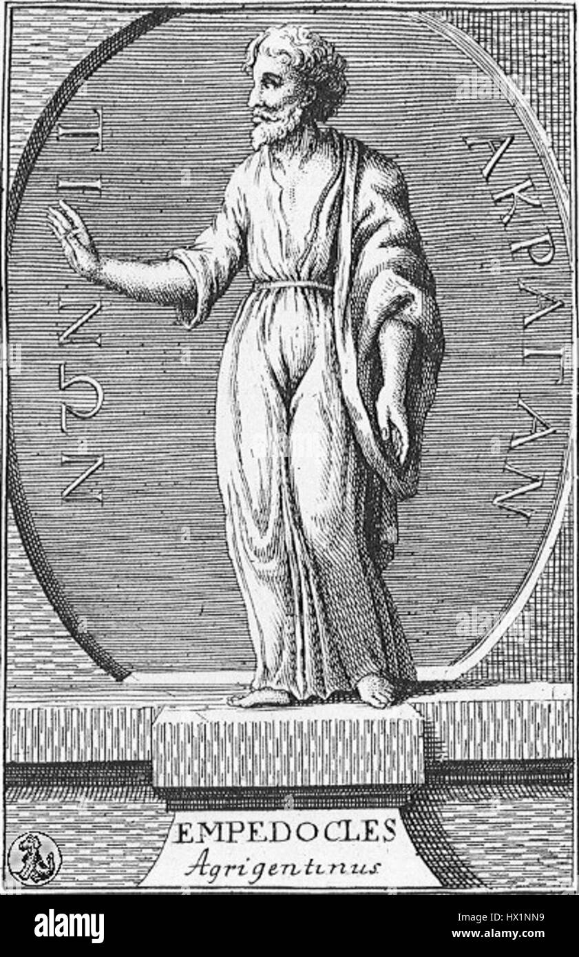 Empedokles war ein altgriechischer Philosoph und Dichter, der für seine Theorien über die Natur des Universums bekannt war, einschließlich der Vorstellung, dass alle Materie aus vier Elementen besteht: Erde, Luft, Feuer und Wasser. Seine Beiträge waren bedeutend in der frühen wissenschaftlichen Denkweise. Stockfoto