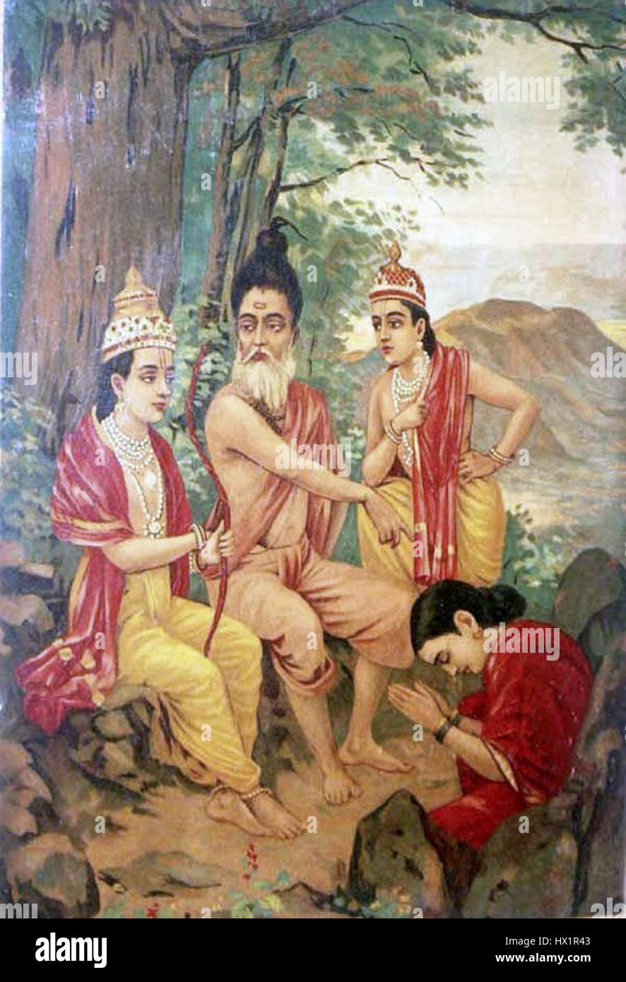 Dieses Stück stammt aus dem Atelier von Raja Ravi Varma, einem ikonischen indischen Maler, der dafür bekannt ist, europäische Techniken mit traditionellen indischen Themen zu verbinden. Das Kunstwerk spiegelt die kulturelle und künstlerische Atmosphäre des Indien des frühen 20. Jahrhunderts wider und zeigt Varmas charakteristischen Stil mit der Darstellung mythologischer und historischer Themen. Stockfoto