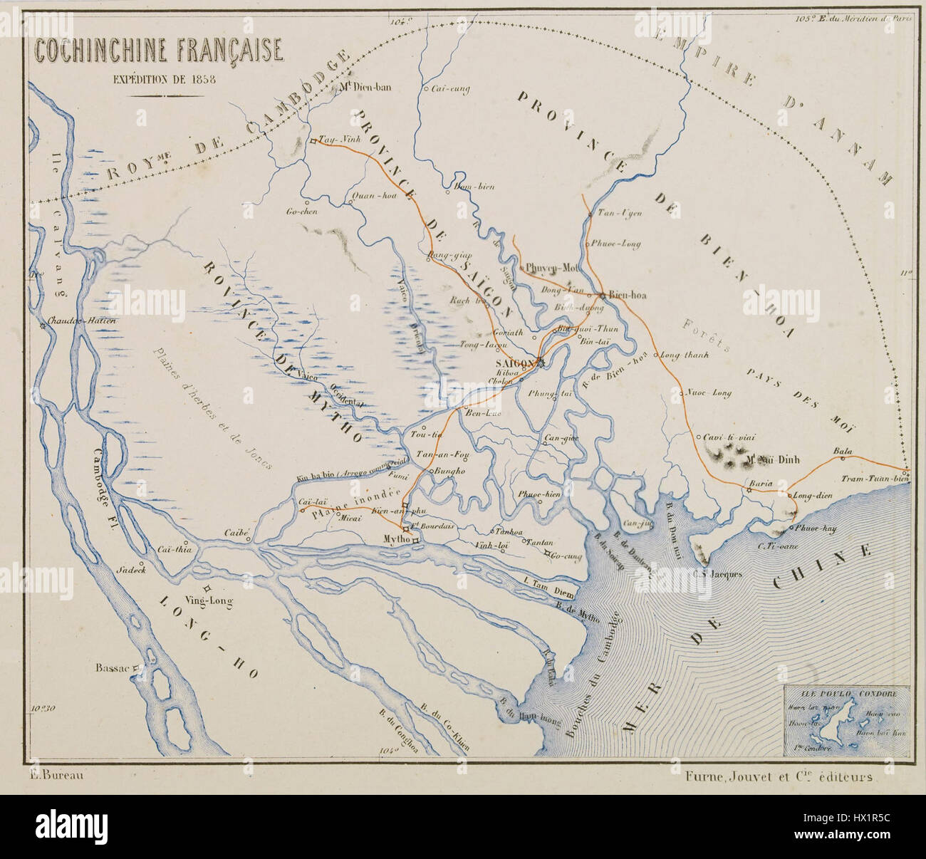 Cochinchine, heute Teil von Südvietnam, war eine französische Kolonie, die 1858 gegründet wurde. Die Kolonialisierung der Region markierte den Beginn des französischen Einflusses in Südostasien, mit wirtschaftlichen, kulturellen und politischen Veränderungen, die die lokale Bevölkerung während der Zeit der französischen Herrschaft beeinflussten. Stockfoto