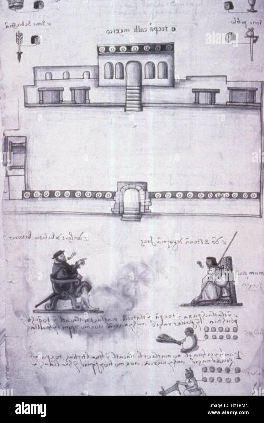 Der Codex Osuna ist ein altes Manuskript, das wichtige Informationen über die aztekische Kultur enthält, einschließlich Rituale, Mythologie und Kalendersysteme. Es dient als bedeutendes Artefakt beim Verständnis der vorkolumbianischen mesoamerikanischen Zivilisation. Stockfoto
