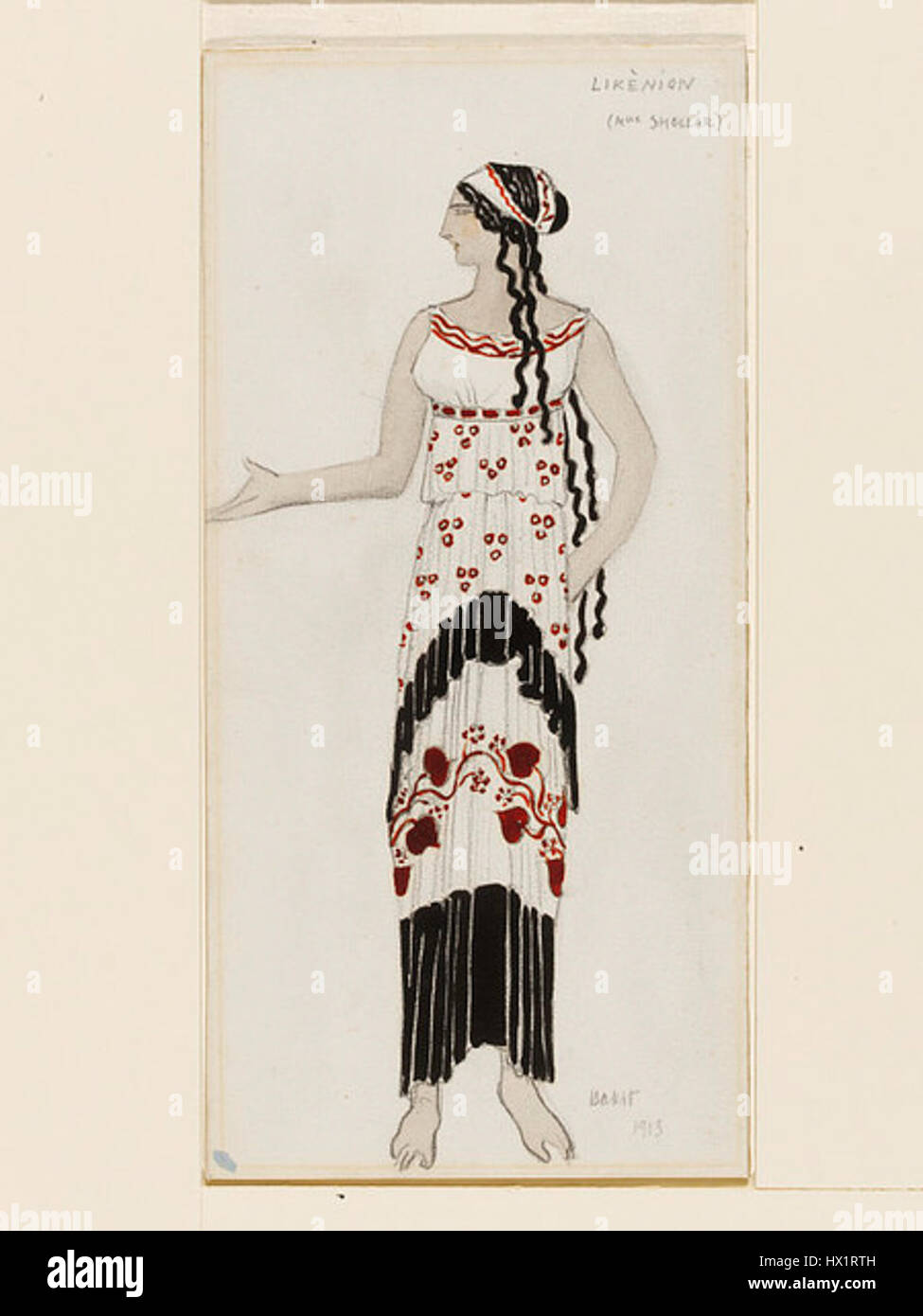 Daphnis and Chloe, ein Ballett von Léon Bakst, basiert auf einer griechischen romantischen Geschichte. Baksts lebhafte Designs für die Produktion zeigen seine unverkennbare Verwendung von Farbe, Exotik und dramatischem Flair in Kostüm- und Bühnendesign. Stockfoto