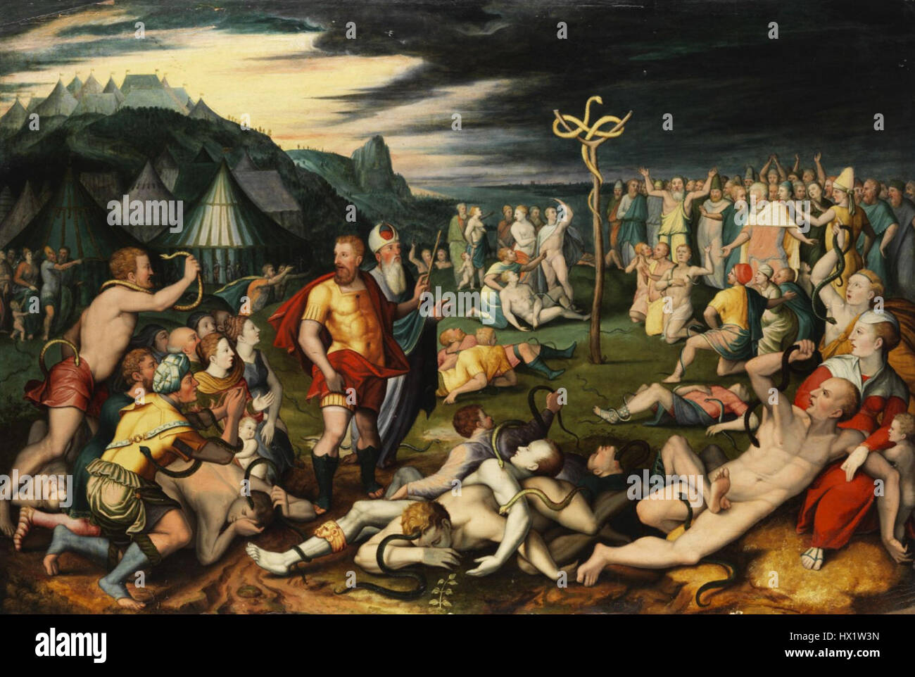 Dieses flämische Gemälde aus dem 17. Jahrhundert zeigt die biblische Geschichte von Moses, der die Messingschlange hob, um die Israeliten zu heilen. Es veranschaulicht den dramatischen Moment göttlicher Intervention, typisch für flämische religiöse Kunstwerke dieser Zeit. Stockfoto