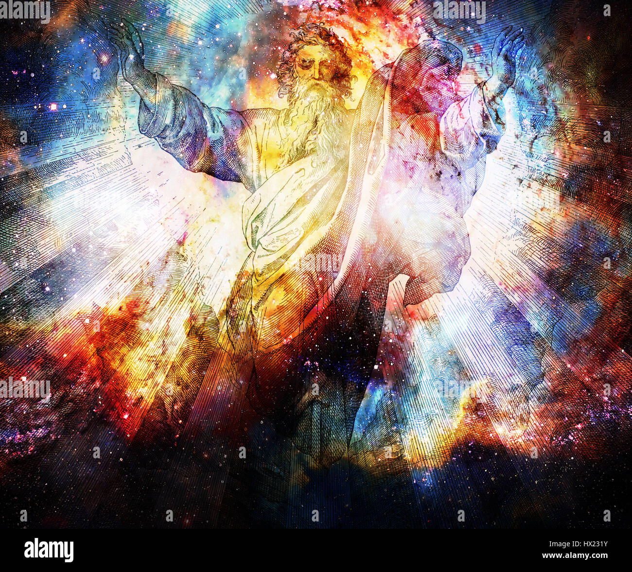 Gott Schöpfer der Welt, Grafik Collage aus Gravur der Nazareene Schule, erstellen in der Heiligen Bibel, St.Vojtech Publishing, Trnava, Slowakei, 1937 veröffentlicht. Stockfoto