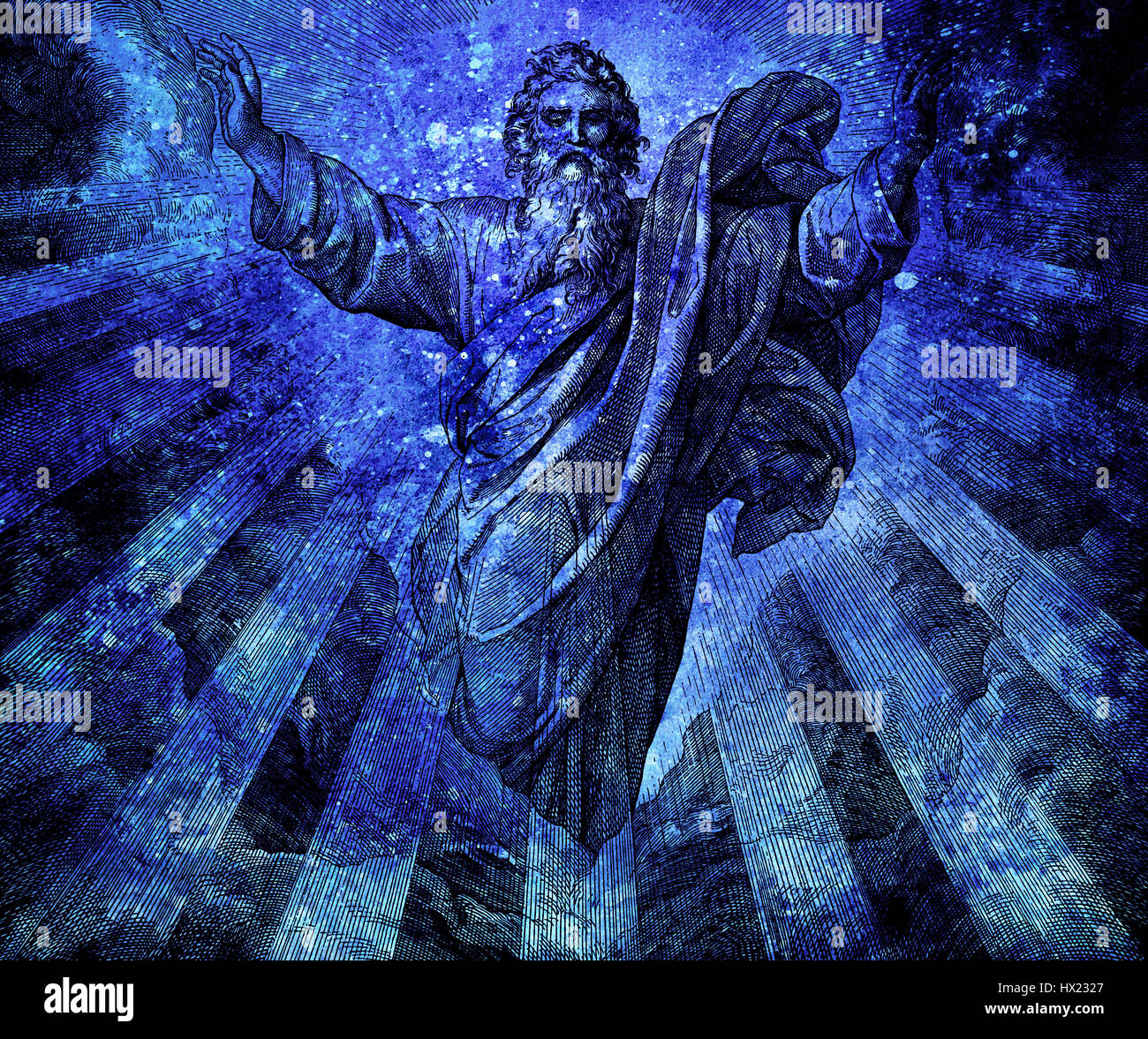 Gott Schöpfer der Welt, Grafik Collage aus Gravur der Nazareene Schule, erstellen in der Heiligen Bibel, St.Vojtech Publishing, Trnava, Slowakei, 1937 veröffentlicht. Stockfoto