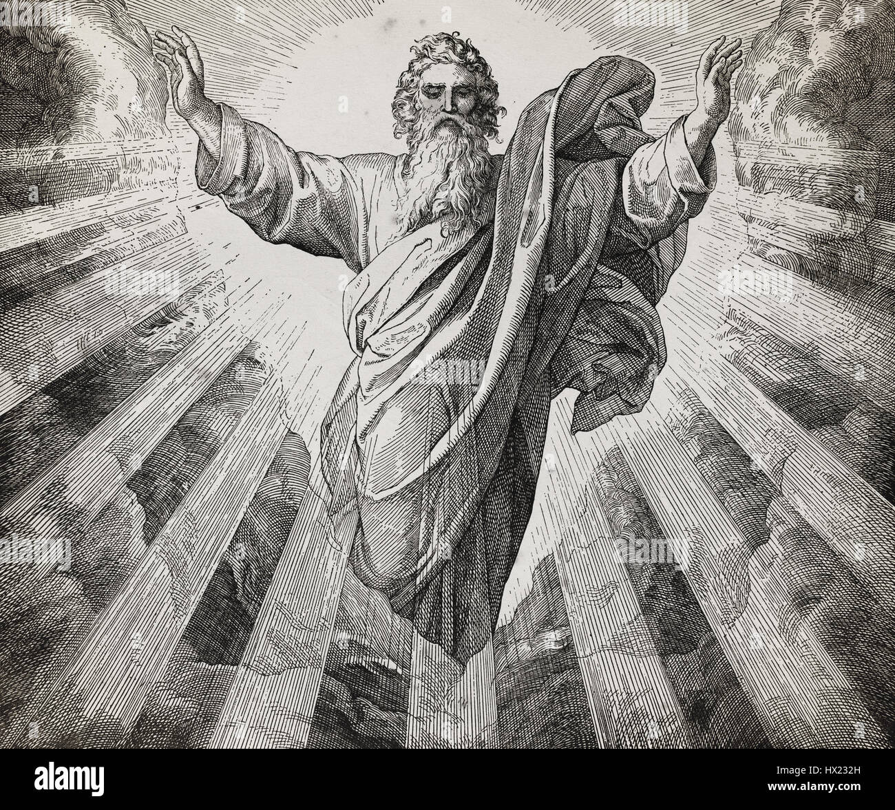 Gott Schöpfer der Welt, Grafik Collage aus Gravur der Nazareene Schule, erstellen in der Heiligen Bibel, St.Vojtech Publishing, Trnava, Slowakei, 1937 veröffentlicht. Stockfoto