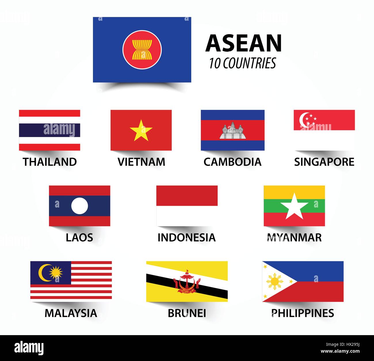 Flagge der ASEAN (Association of Southeast Asian Nations) und Mitgliedschaft. Stock Vektor