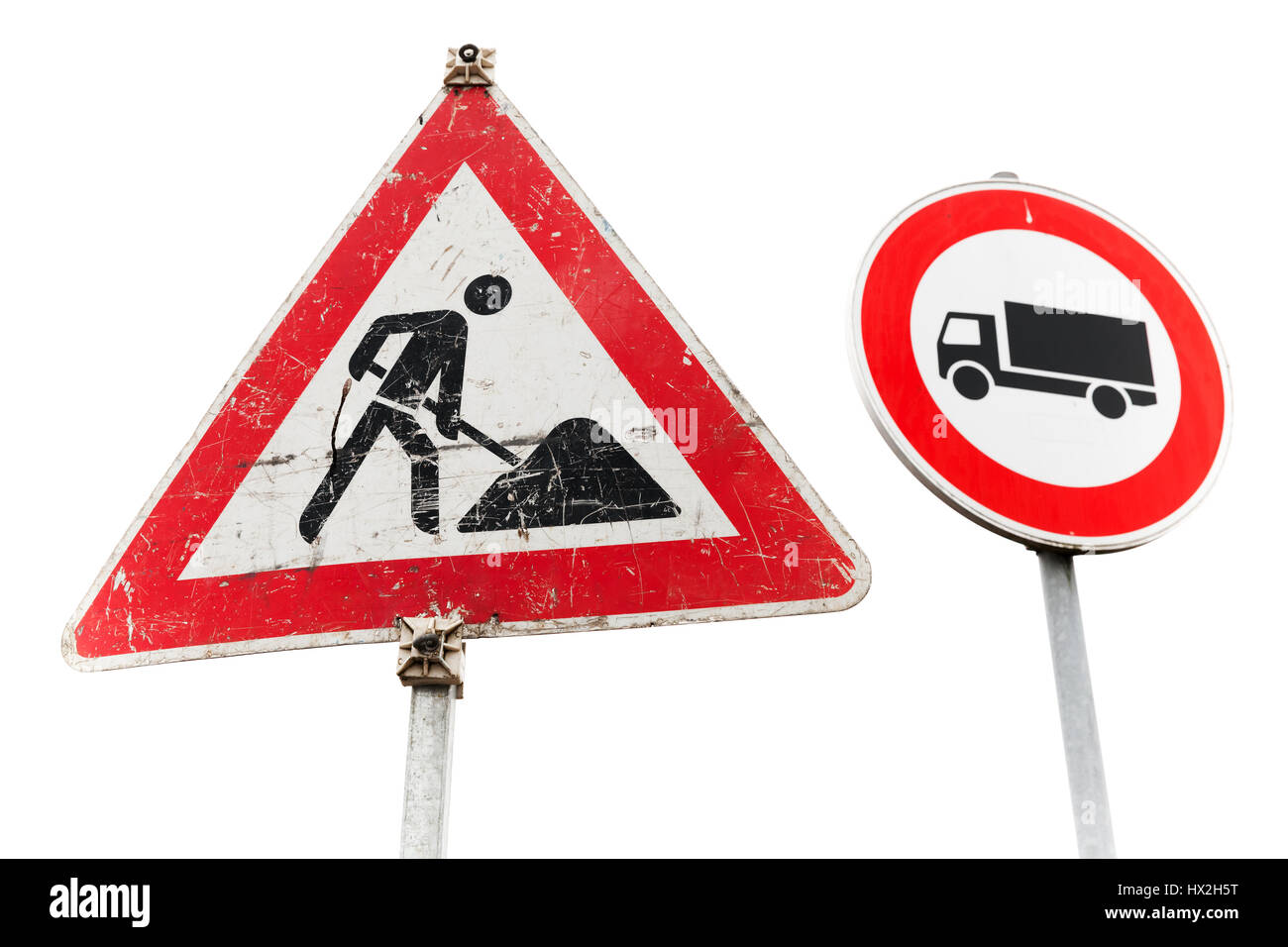 Straßenbau, Transport Güterverkehr ist verbotene Verkehrszeichen isoliert auf weißem Hintergrund Stockfoto