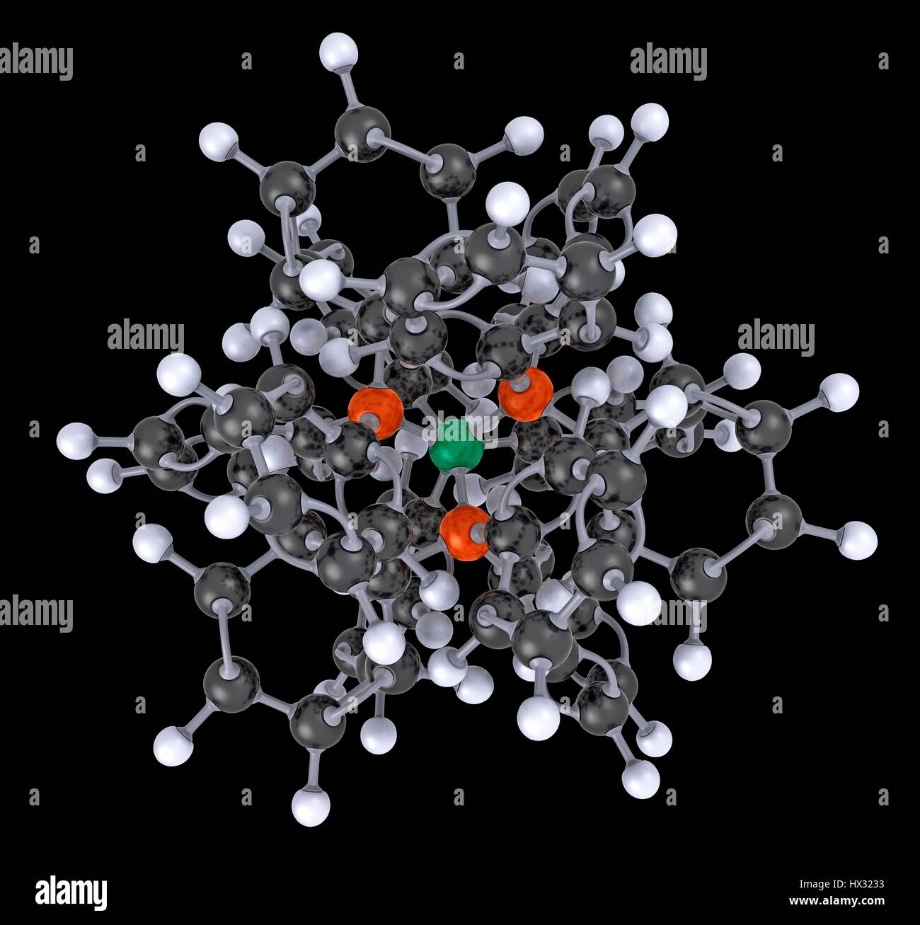 Ball und Stock 3D-Modell des tetrakis(triphenylphosphine)palladium(0) Molekül oder tetrakis(triphenylphosphine)platinum(0) Molekül. Atome sind farblich gekennzeichnet (Carbon - schwarz, Phosphor - rot, Palladium oder Platiunum - grün, Wasserstoff - weiß). PD habe ich als Katalysator für Palladium-katalysierte Kupplungsreaktionen. Anwendungen umfassen die Heck-Reaktion, Suzuki Negishi-Kupplung, Kupplung, Stille-Kupplung und Sonogashira-Kupplung. Stockfoto