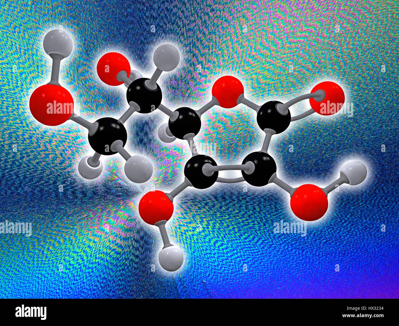 Vitamin C. molekulare Modell der Ascorbinsäure (C6. H8. O6), auch bekannt als Vitamin c. Dieses Vitamin ist erforderlich, um den Körper vor oxidativem Stress zu schützen. Atome als Kugeln dargestellt werden und sind farblich gekennzeichnet: Kohlenstoff (schwarz), Wasserstoff (grau) und Sauerstoff (rot). Im Hintergrund ein Schliffbild von kristallisiertes Vitamin C mit polarisiertem Licht aufgenommen. Stockfoto