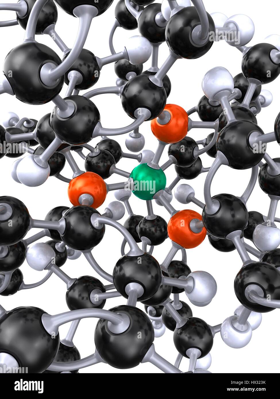 Detail der Ball und Stock 3D-Modell des tetrakis(triphenylphosphine)palladium(0) Molekül oder tetrakis(triphenylphosphine)platinum(0) Molekül. Atome sind farblich gekennzeichnet (Carbon - schwarz, Phosphor - rot, Palladium oder Platiunum - grün, Wasserstoff - weiß). PD habe ich als Katalysator für Palladium-katalysierte Kupplungsreaktionen. Anwendungen umfassen die Heck-Reaktion, Suzuki Negishi-Kupplung, Kupplung, Stille-Kupplung und Sonogashira-Kupplung. Stockfoto