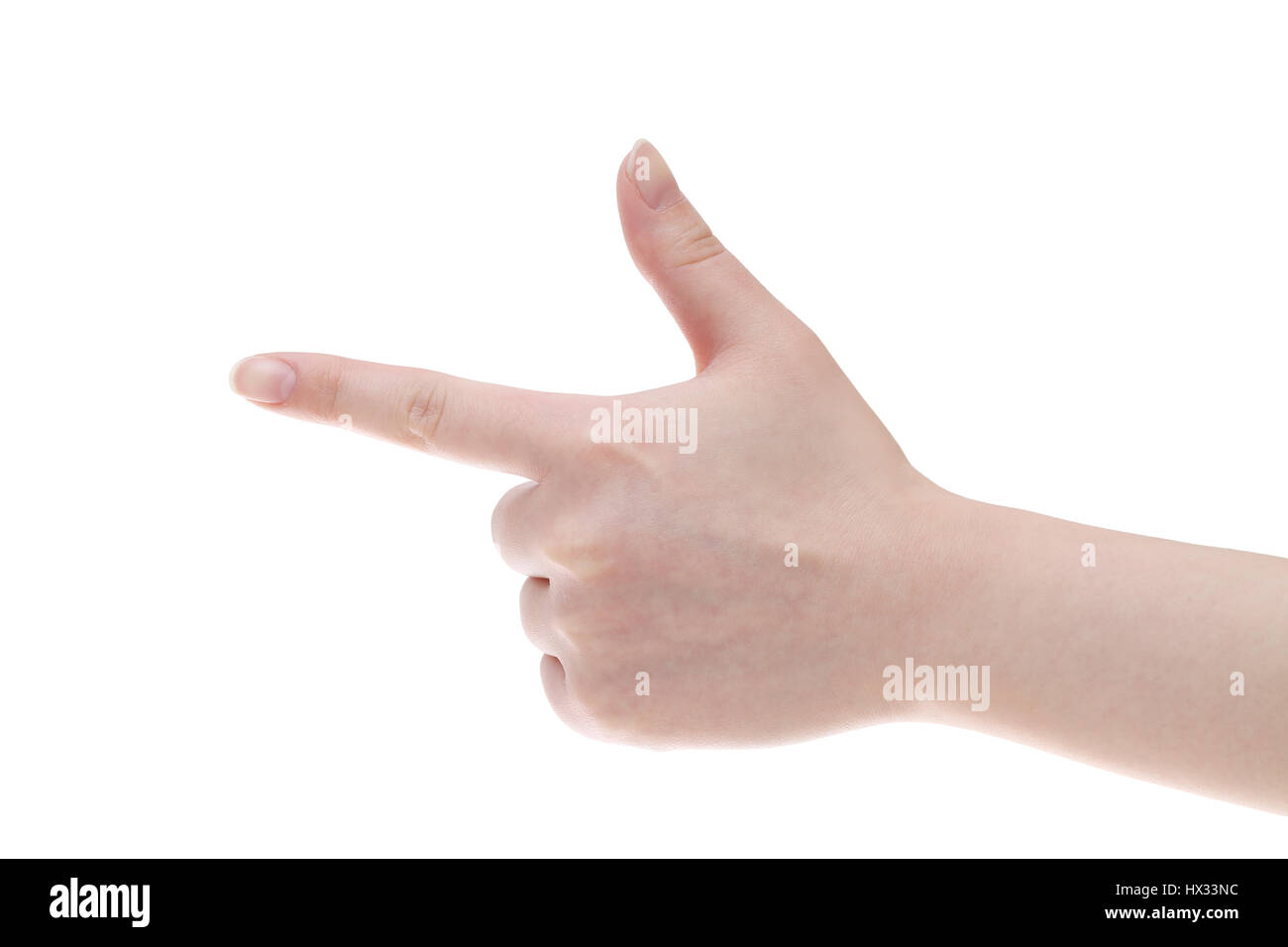 Frau Hand Punkt mit Finger isoliert auf weißem Hintergrund Stockfoto