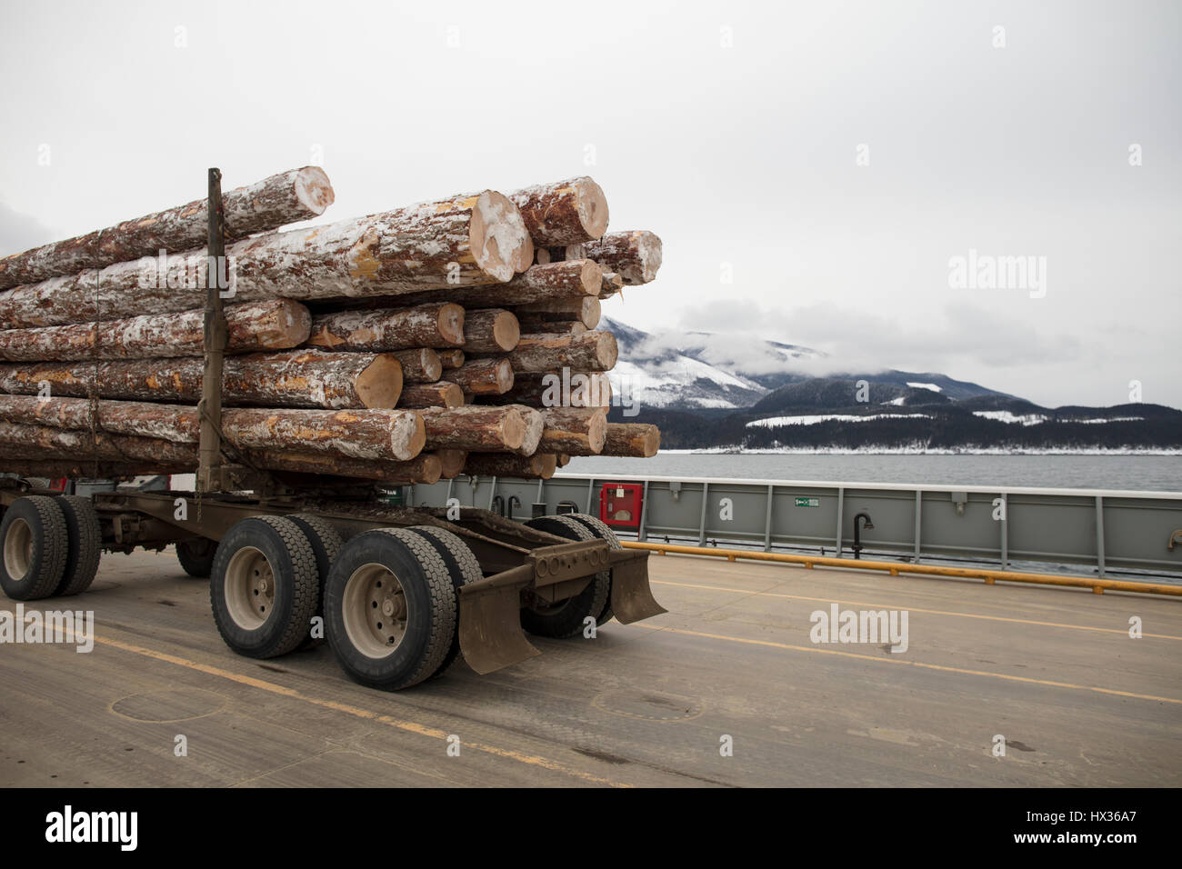 SHELTER Bay, BC, Kanada - Februar 03, 2017: Ein logging Lkw Protokolle auf einer Fähre von Shelter Bay, British Columbia, Kanada. (Ryan Carter) Stockfoto