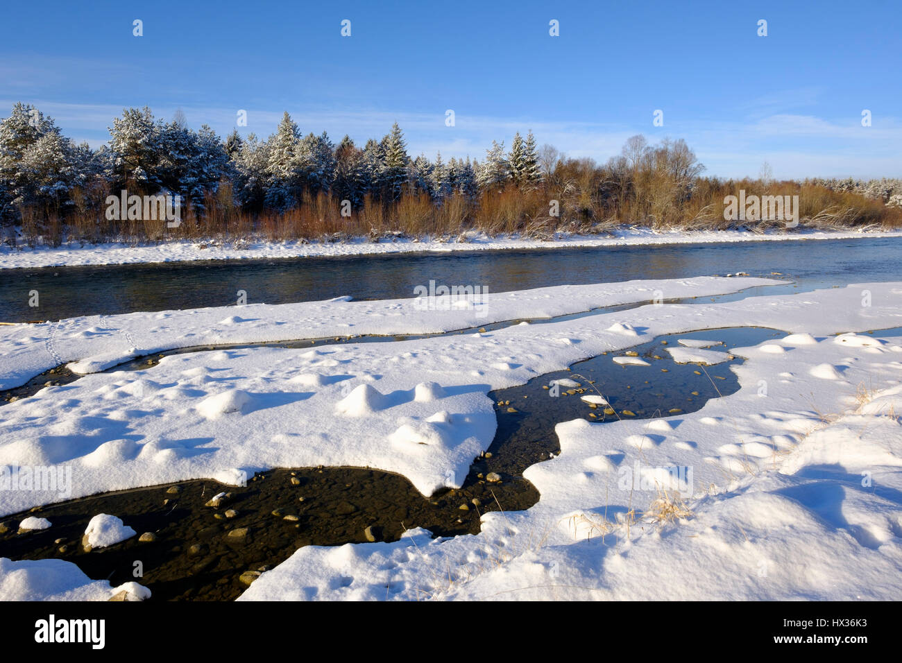 Isar im Winter Schnee auf Kiesbank, natürliche reservieren, Isarauen, Pupplinger Au, Upper Bavaria, Bavaria Germany Stockfoto