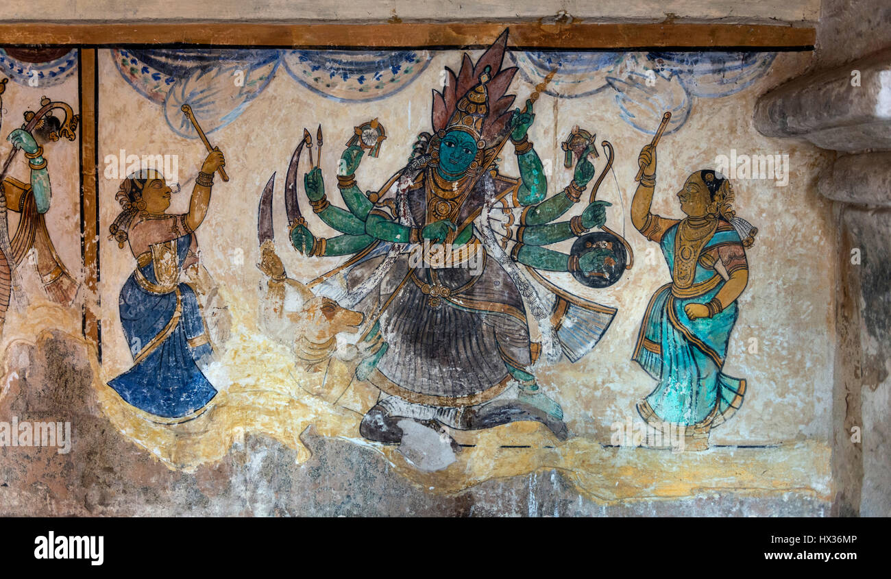 Hindu-Göttin Durga, Wandbild, Brihadeeswarar Tempels, Thanjavur, Tamil Nadu, Indien Stockfoto