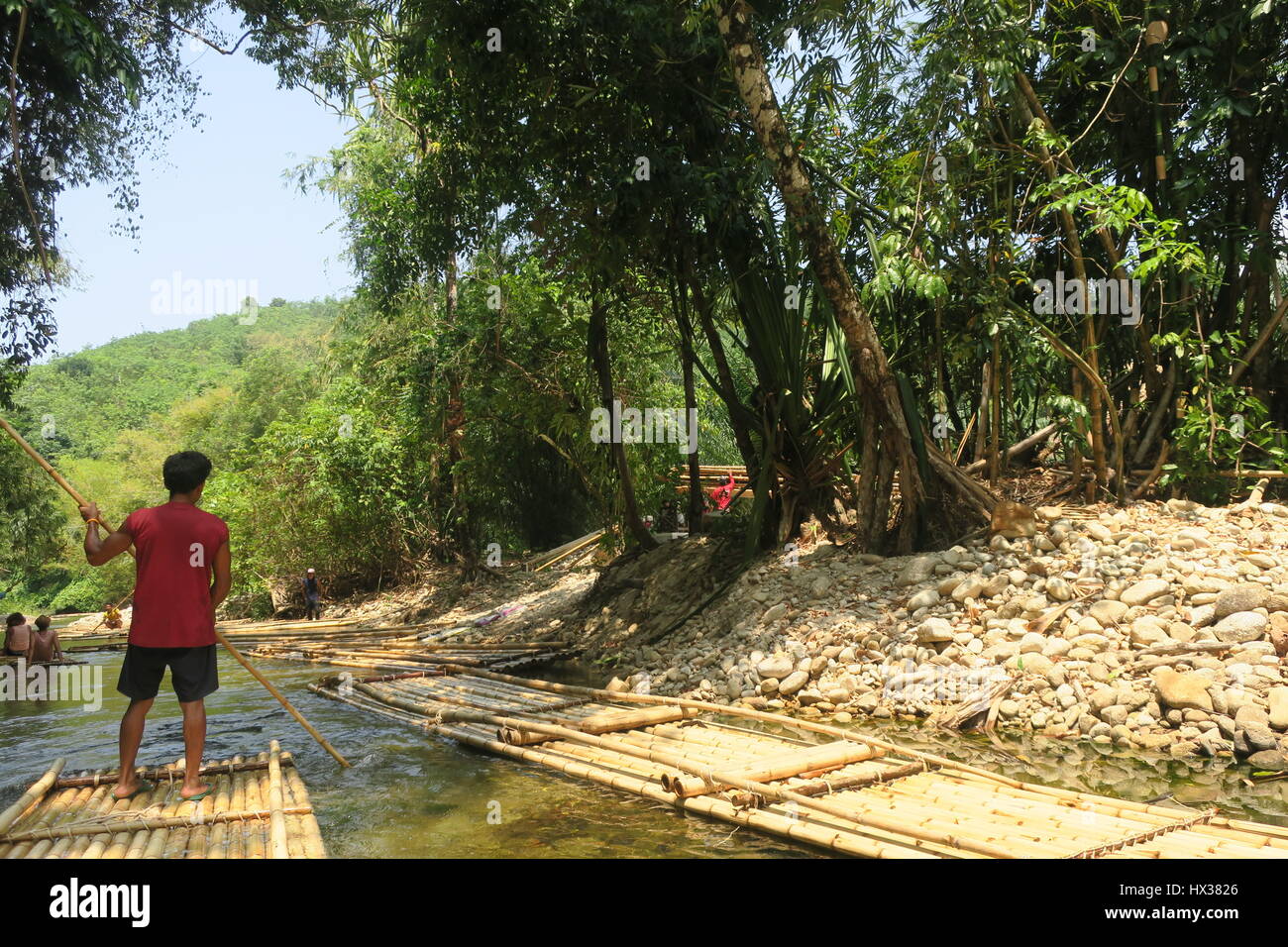 Ein Mann, stehend auf einem Bambusfloß nähert sich dem Ende von Bambus Rafting auf einem flachen streem auf der Insel Phuket in Thailand. Stockfoto