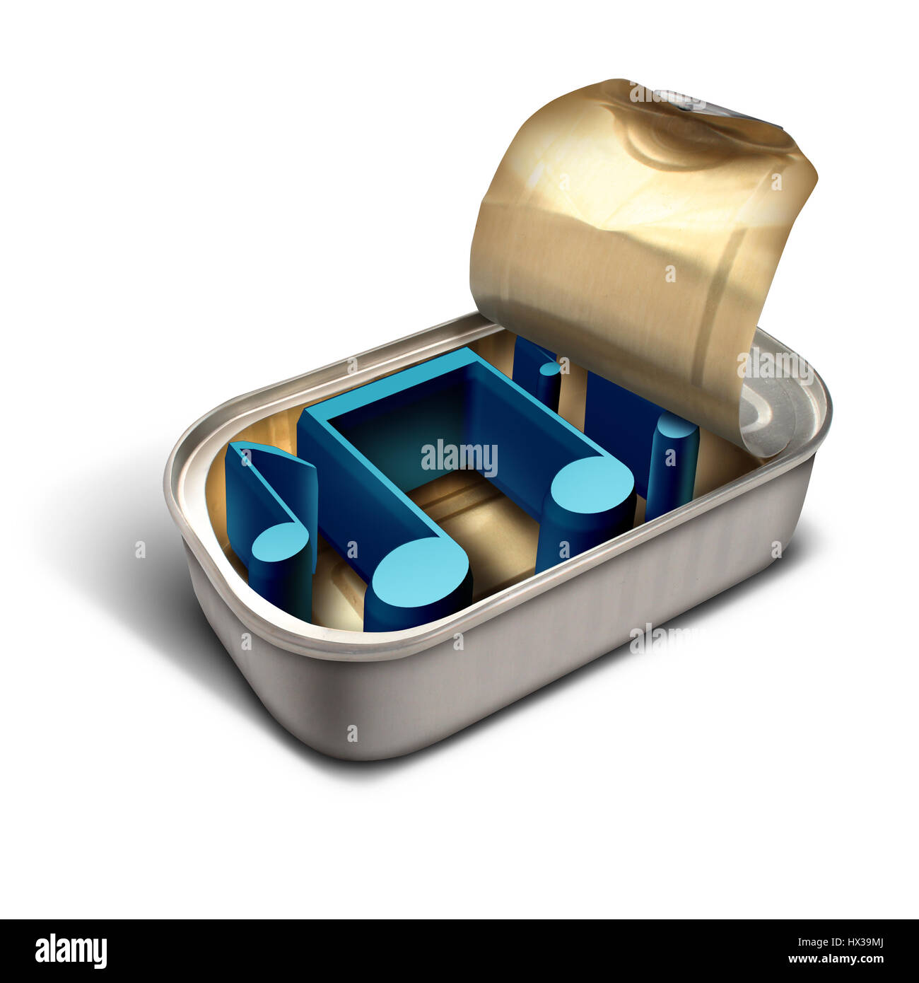 Musik-Symbol als Tonträgern Symbol für verpackte Hintergrund Songs und weiche Easy-Listening-Sounds als eine offene Dose Konserven. Stockfoto
