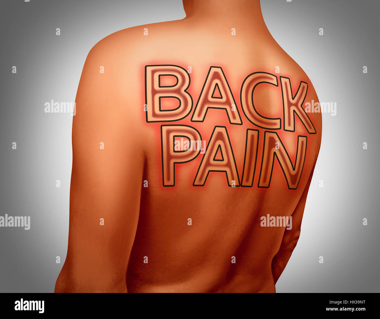 Schmerzen medizinisches Konzept als Text-Tattoo-Kunst auf der menschlichen Haut als muskuläre Gesundheit oder als Skelett Schmerz oder Wirbelsäule Verletzungen mit 3D Abbildung Elemente zurück. Stockfoto