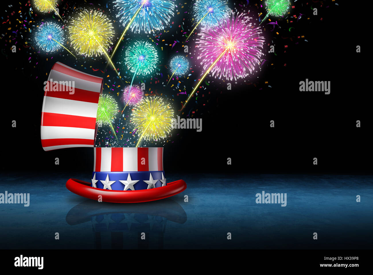 Am 4. Juli Feier als Unabhängigkeitstag traditionellen Partei Freiheit und amerikanischen stolz mit einer offenen Flagge-Hut mit einem Feuerwerk zu feiern. Stockfoto